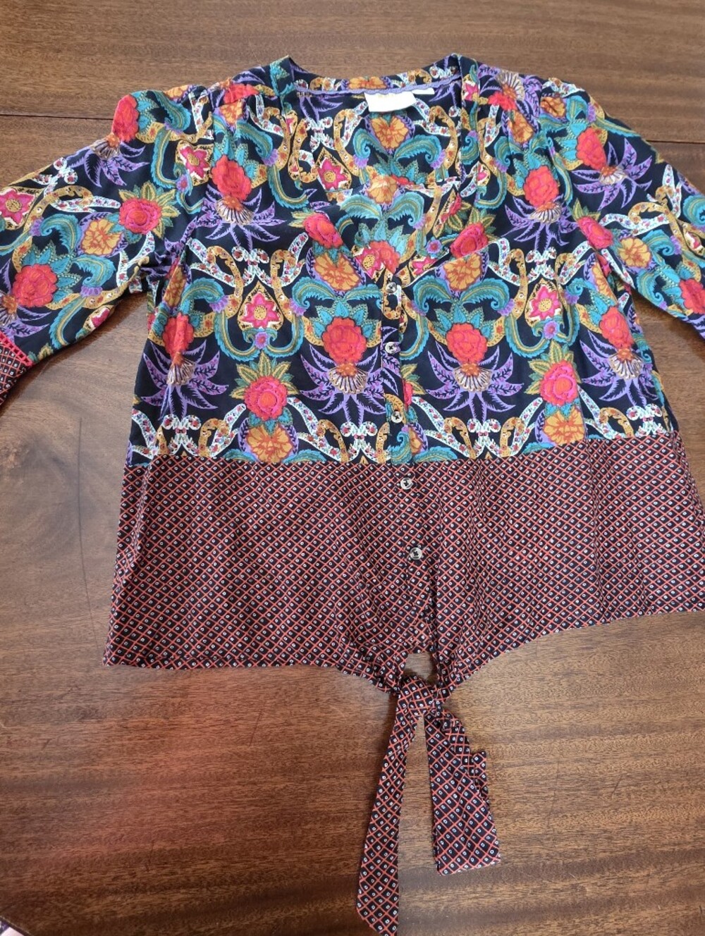 Anthropologie Black Floral Tie-Front Blouse with Multi-Color Print